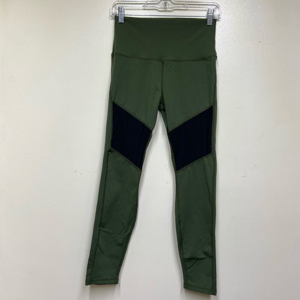 The Barre Code Army Green Leggings Black Mesh Knee